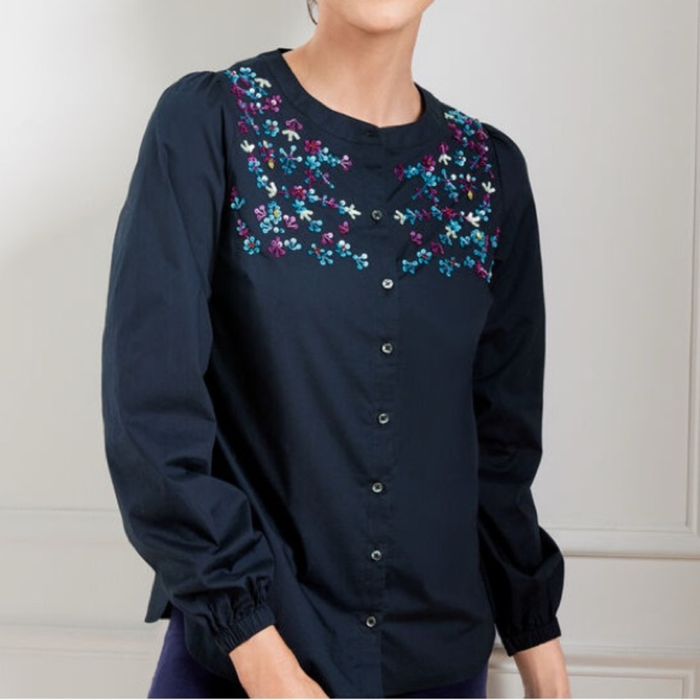Talbots Navy Blue Women's Top beaded button front puff sleeve office‎ career M